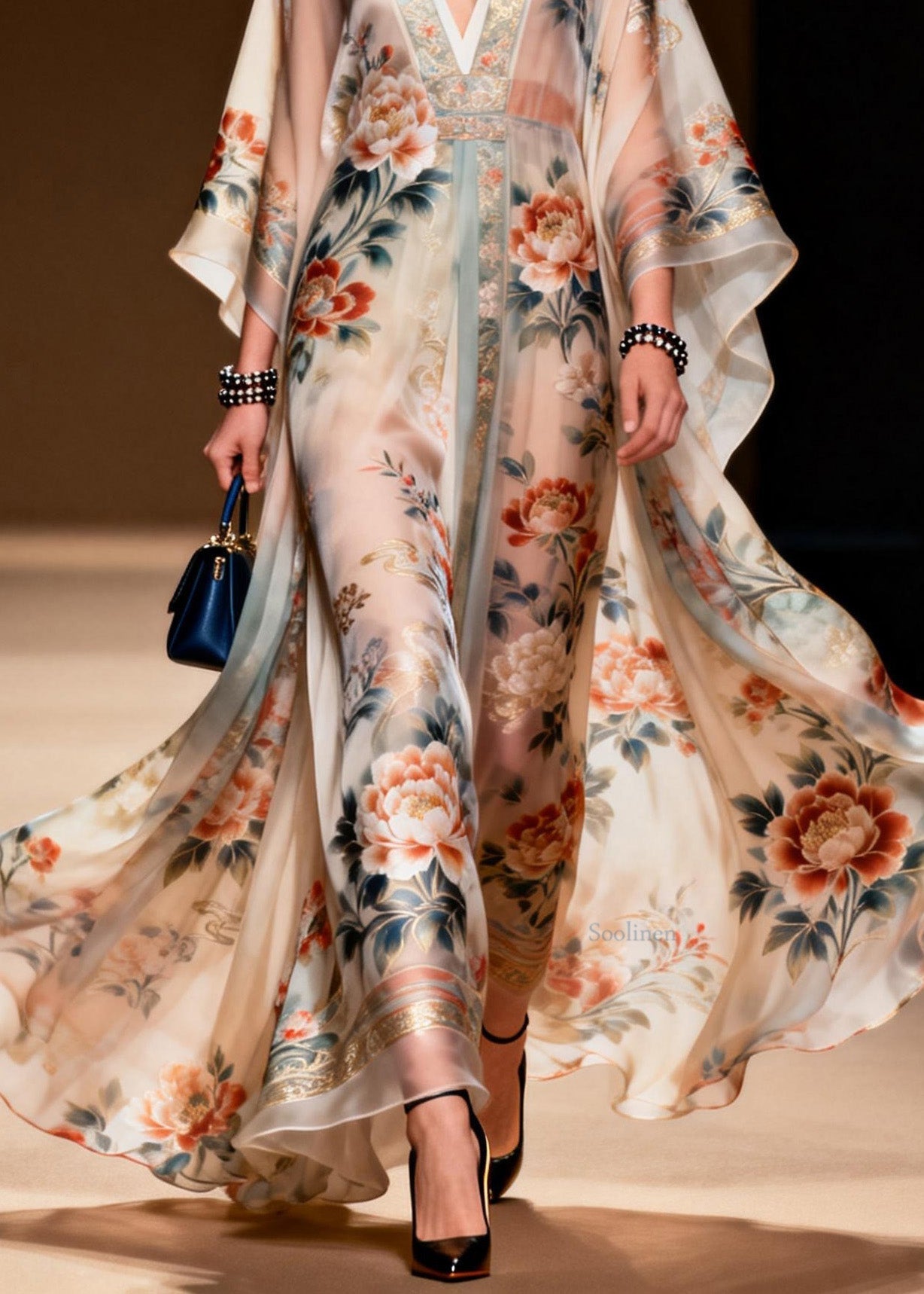 Classy V Neck Print Chiffon Long Dress Spring