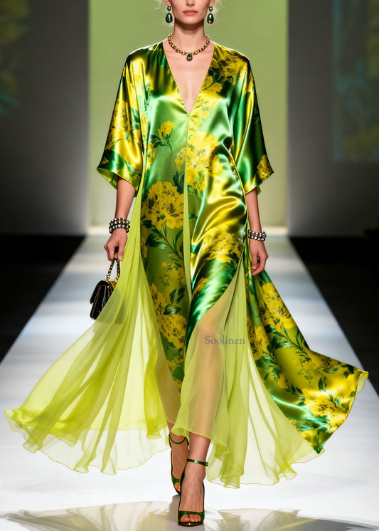 Classy V Neck Print Patchwork Silk Maxi Dresses Summer