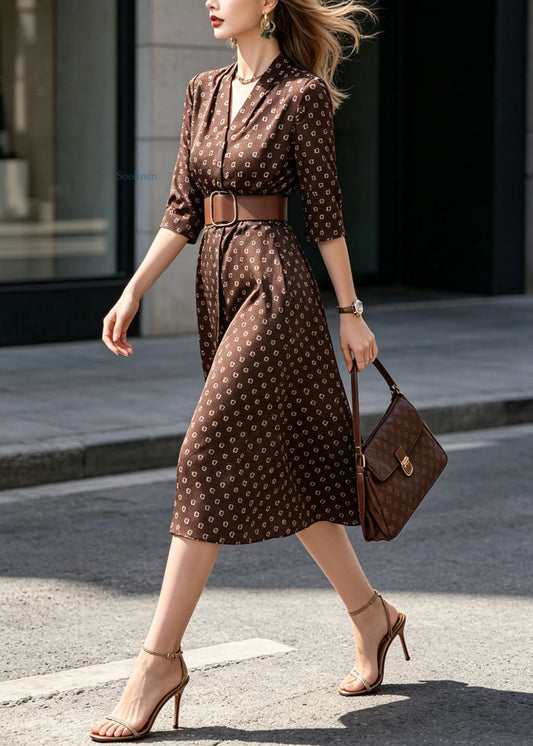 Classy V Neck Print Sashes Silk Long Dress Summer