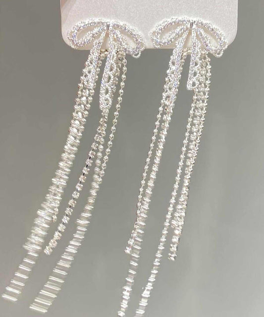 Classy White Alloy Lace Bow Tassel Drop Earrings