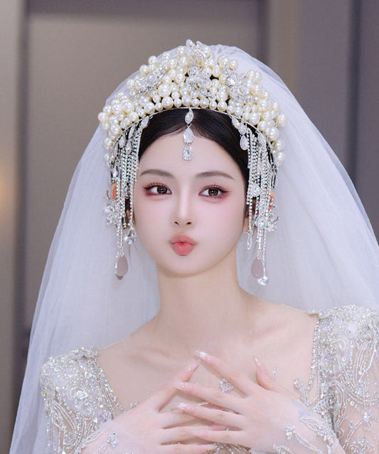 Classy White Alloy Zircon Pearl Tassel HairPiece