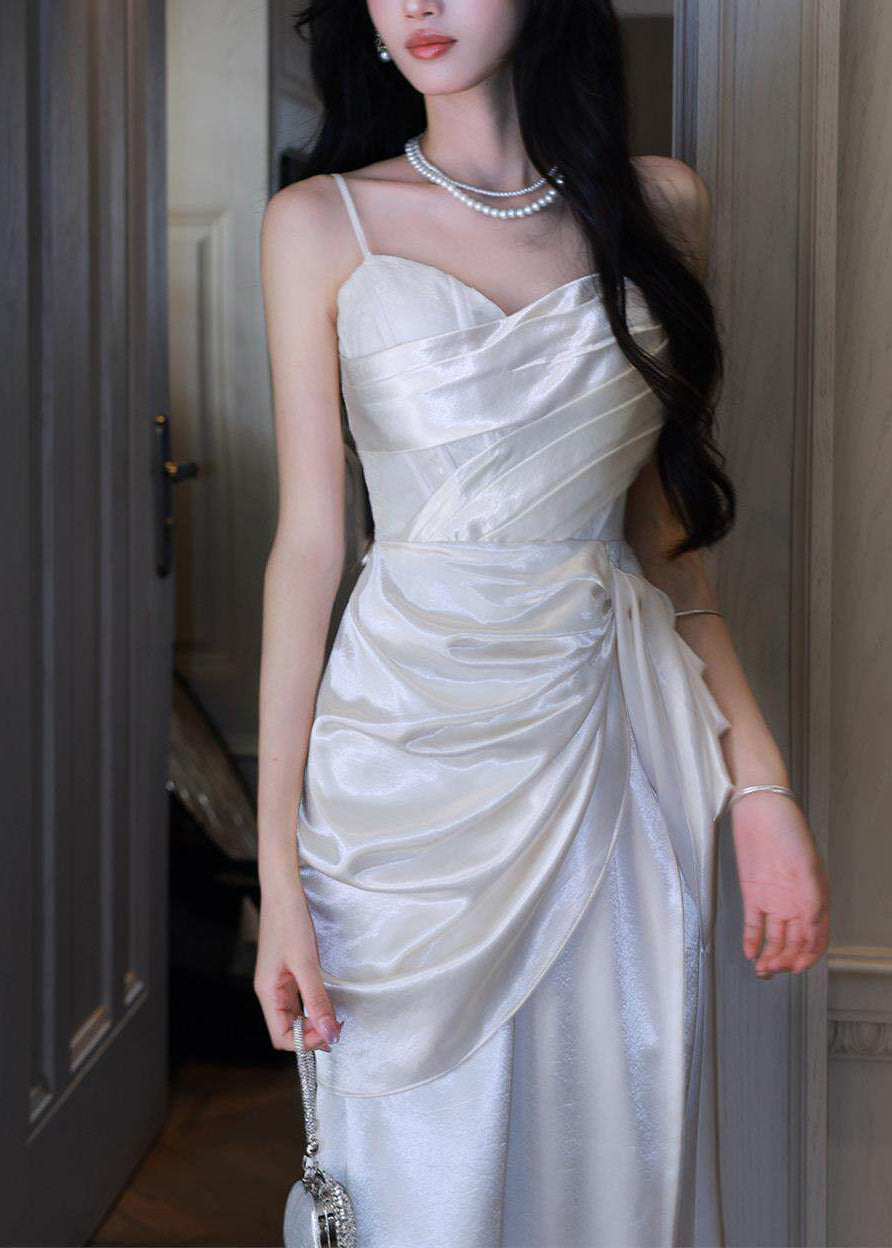 Classy White Cinched Satin Maxi Spaghetti Strap Dress Summer