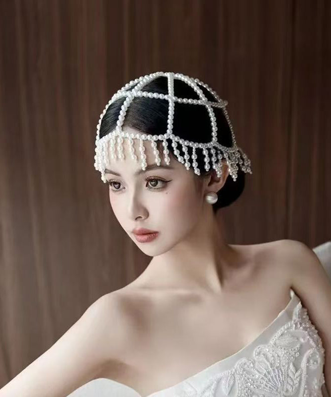 Classy White Hollow Out Pearl Tassel HairPiece And Stud Earrings Two-Piece Set