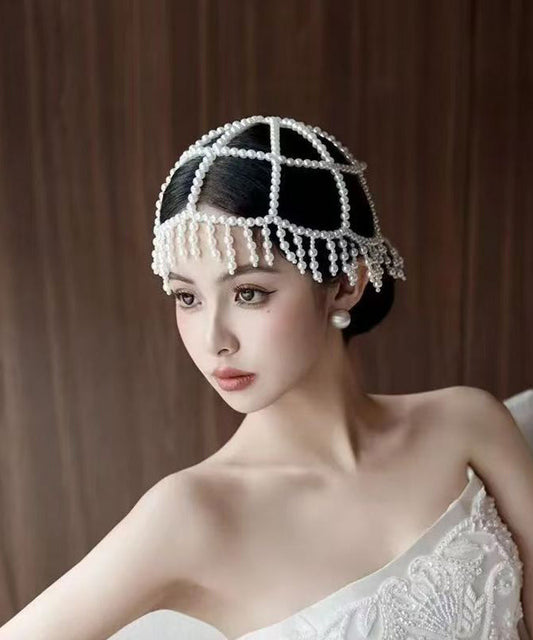 Classy White Hollow Out Pearl Tassel HairPiece And Stud Earrings Two-Piece Set