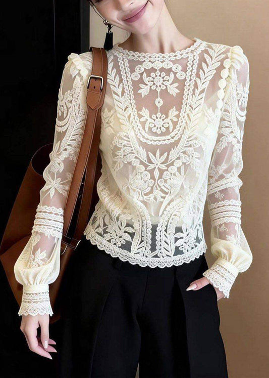 Classy White O-Neck Hollow Out Lace Shirt Spring