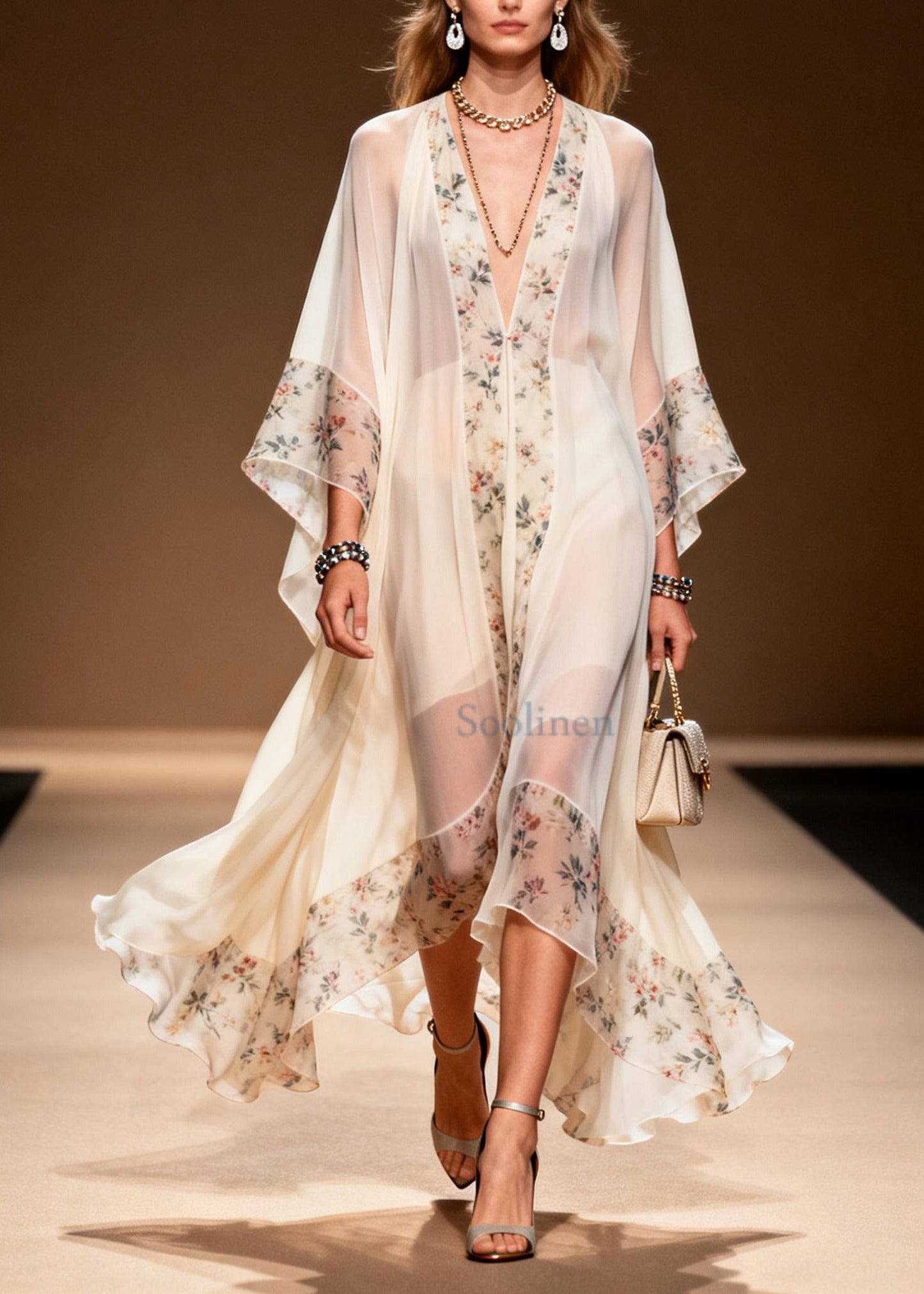 Classy White Oversized Patchwork Print Chiffon Holiday Dress Summer