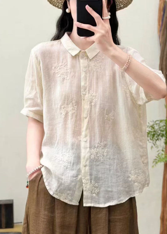 Classy White Peter Pan Collar Embroidered Linen Shirt Top Summer