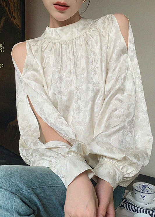 Classy White Print Asymmetrical Hollow Out Shirt Spring