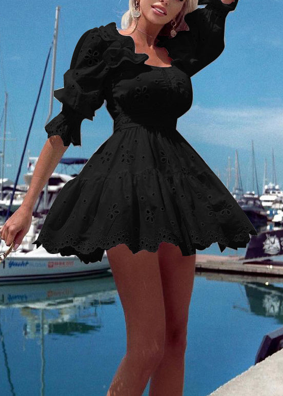 Classy White Ruffled Hollow Out Cotton Mini Dresses Half Sleeve