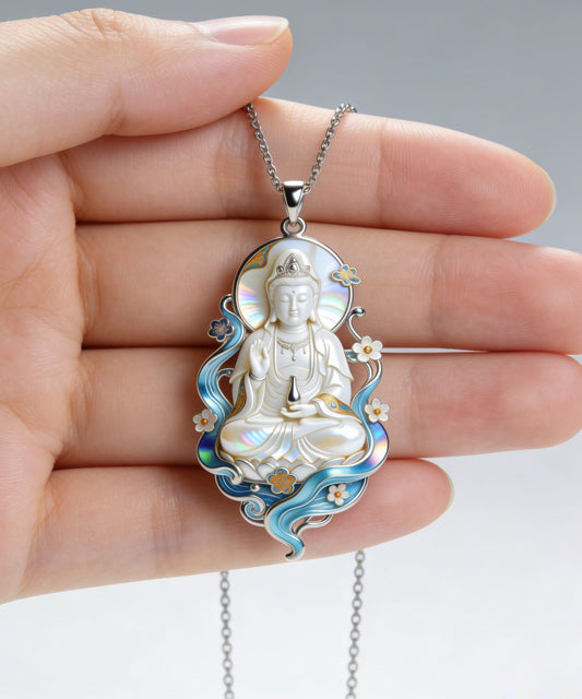 Classy White Stainless Steel Enamel Guanyin Pendant Necklace