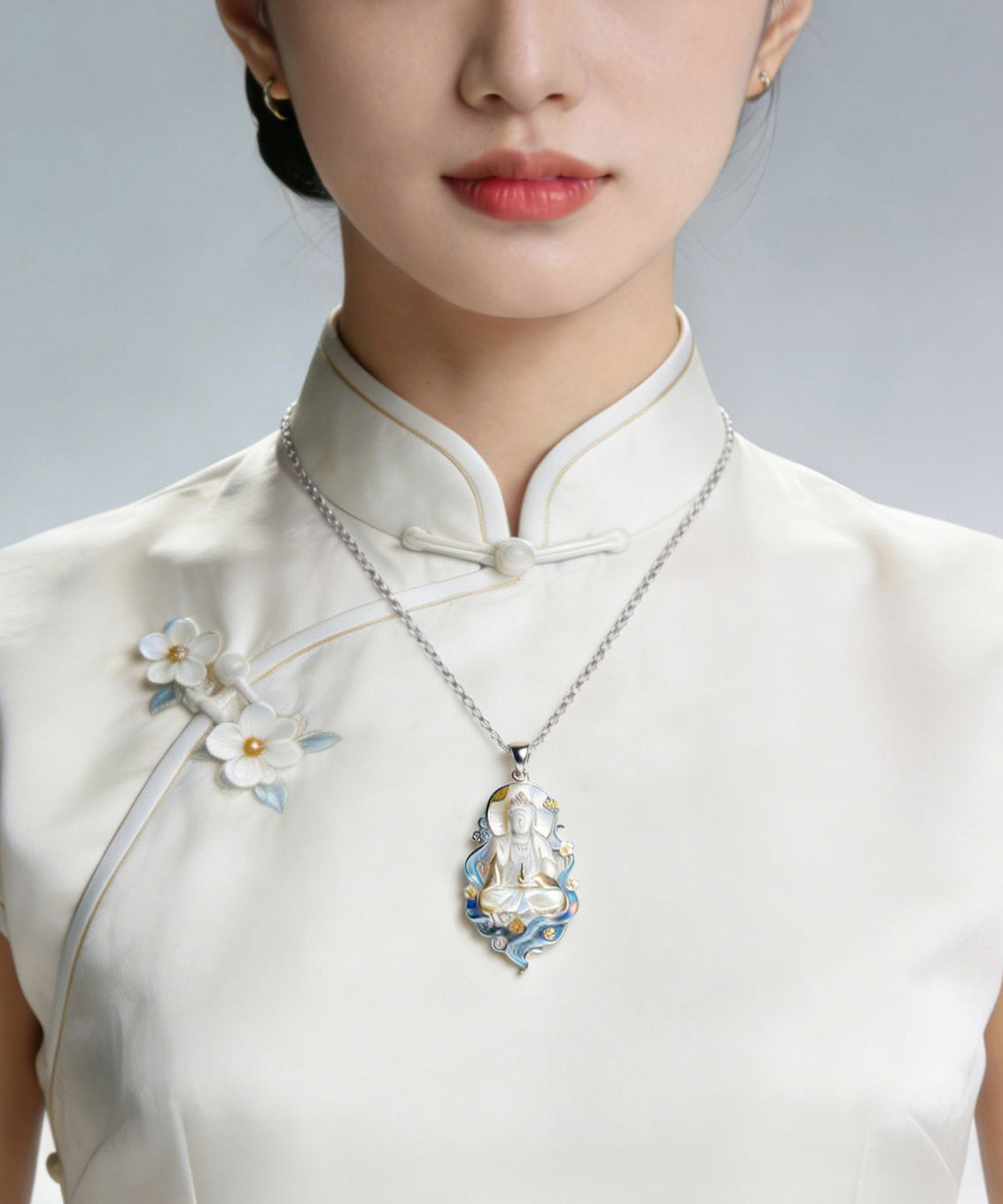 Classy White Stainless Steel Enamel Guanyin Pendant Necklace