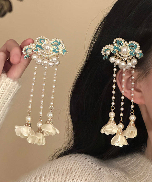 Classy White Sterling Silver Overgild Enameling Floral Tassel A Pair Hairpin