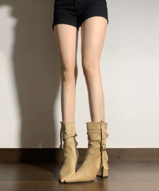 Classy Wrinkled Splicing Chunky Boots Khaki Suede