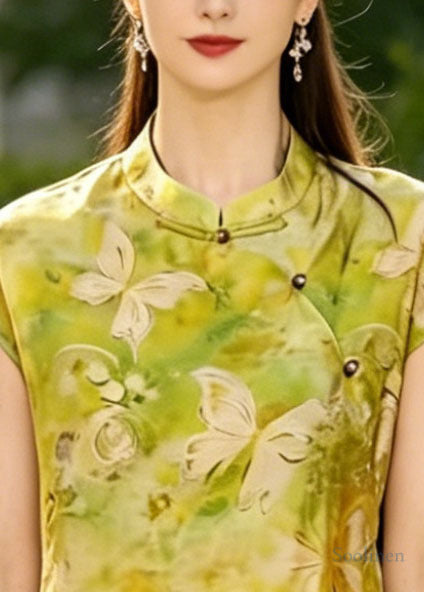 Classy Yellow Butterfly Print Chinese?Button Silk Vests Summer