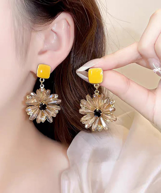 Classy Yellow Copper Overgild Crystal Floral Drop Earrings