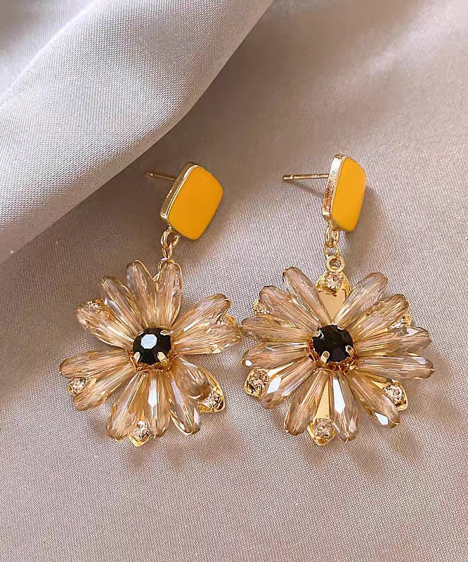 Classy Yellow Copper Overgild Crystal Floral Drop Earrings