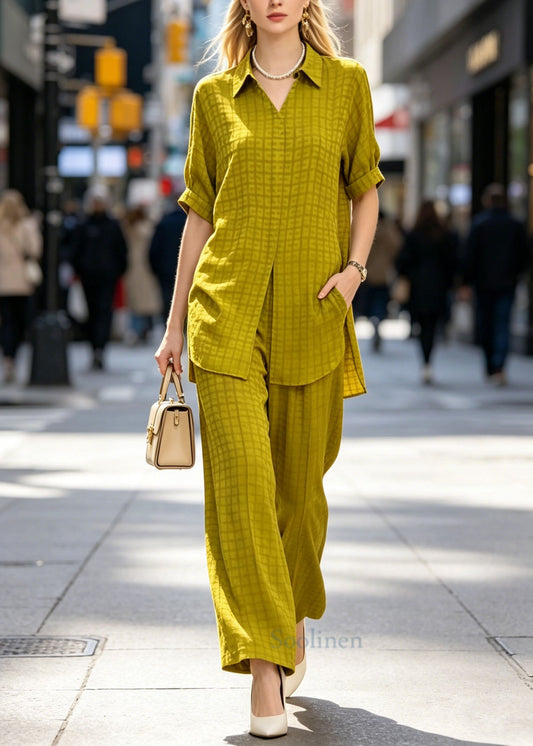 Classy Yellow Peter Pan Collar Plaid Silk Two Piece Set Summer