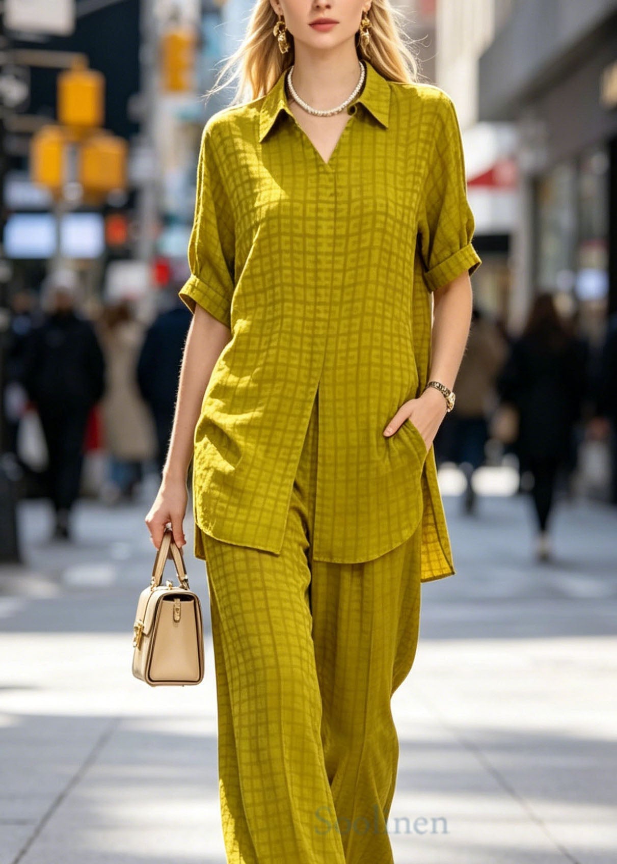 Classy Yellow Peter Pan Collar Plaid Silk Two Piece Set Summer