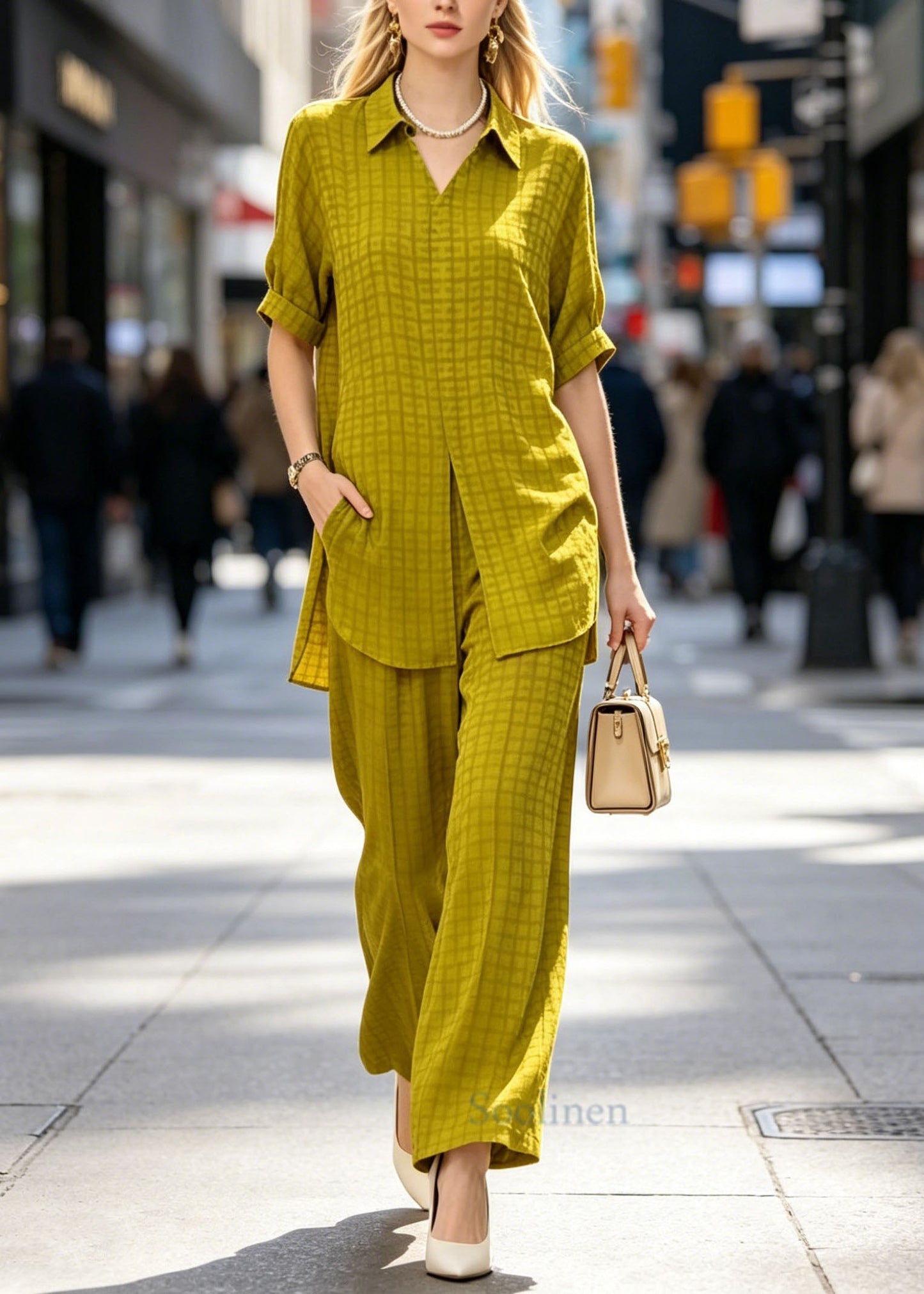 Classy Yellow Peter Pan Collar Plaid Silk Two Piece Set Summer
