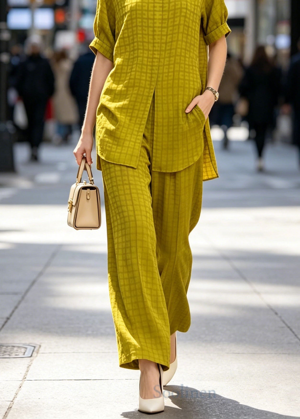 Classy Yellow Peter Pan Collar Plaid Silk Two Piece Set Summer