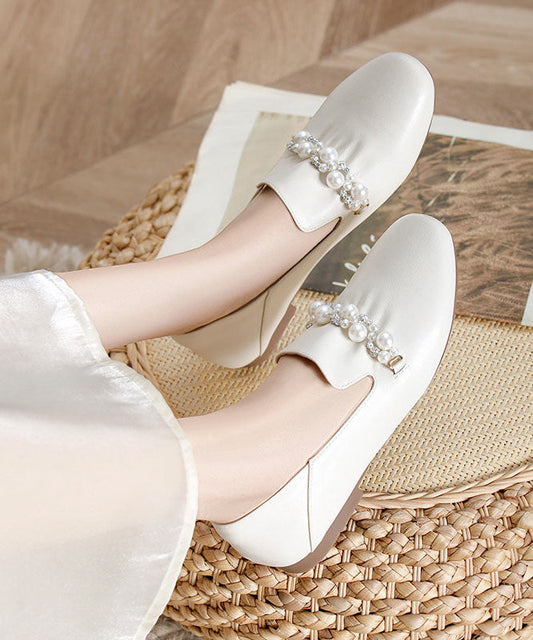 Classy Zircon Pearl Splicing Flat Shoes Beige Cowhide Leather