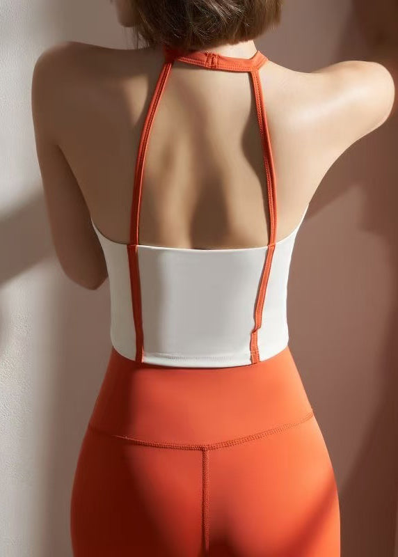 Club Orange Patchwork Summer Sports Bra And Leggings Set Suit