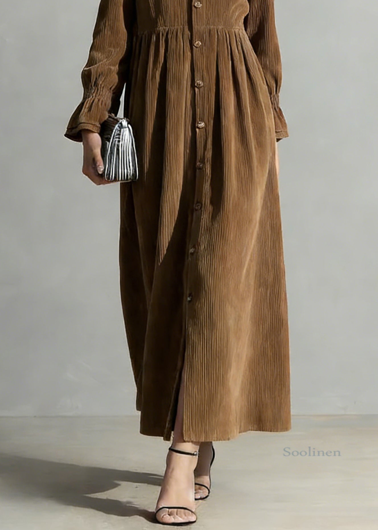 Coffee Button Solid Oversized Corduroy Shirts Dress Peter Pan Collar
