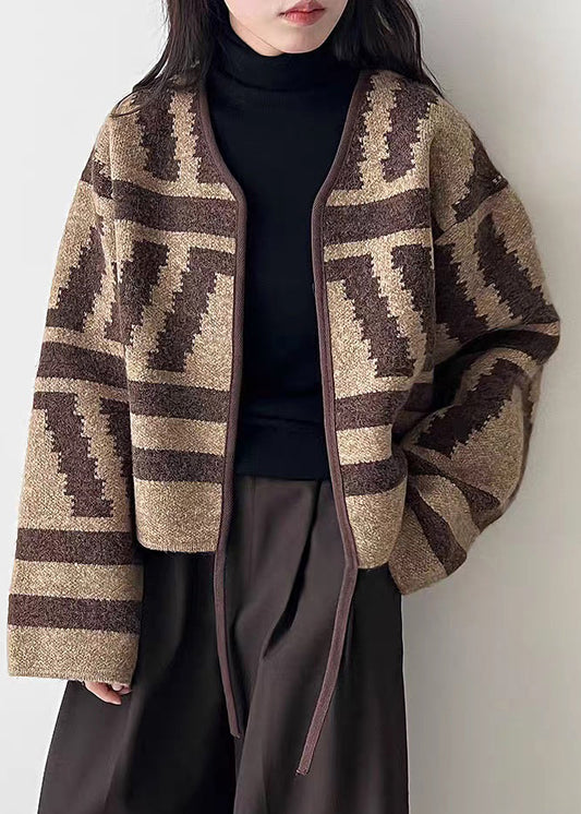 Coffee Cotton Knit Cardigan V Neck Long Sleeve