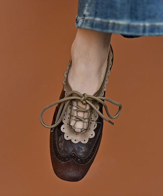 Coffee Sheepskin Splicing Lace Up Loafers For Women
