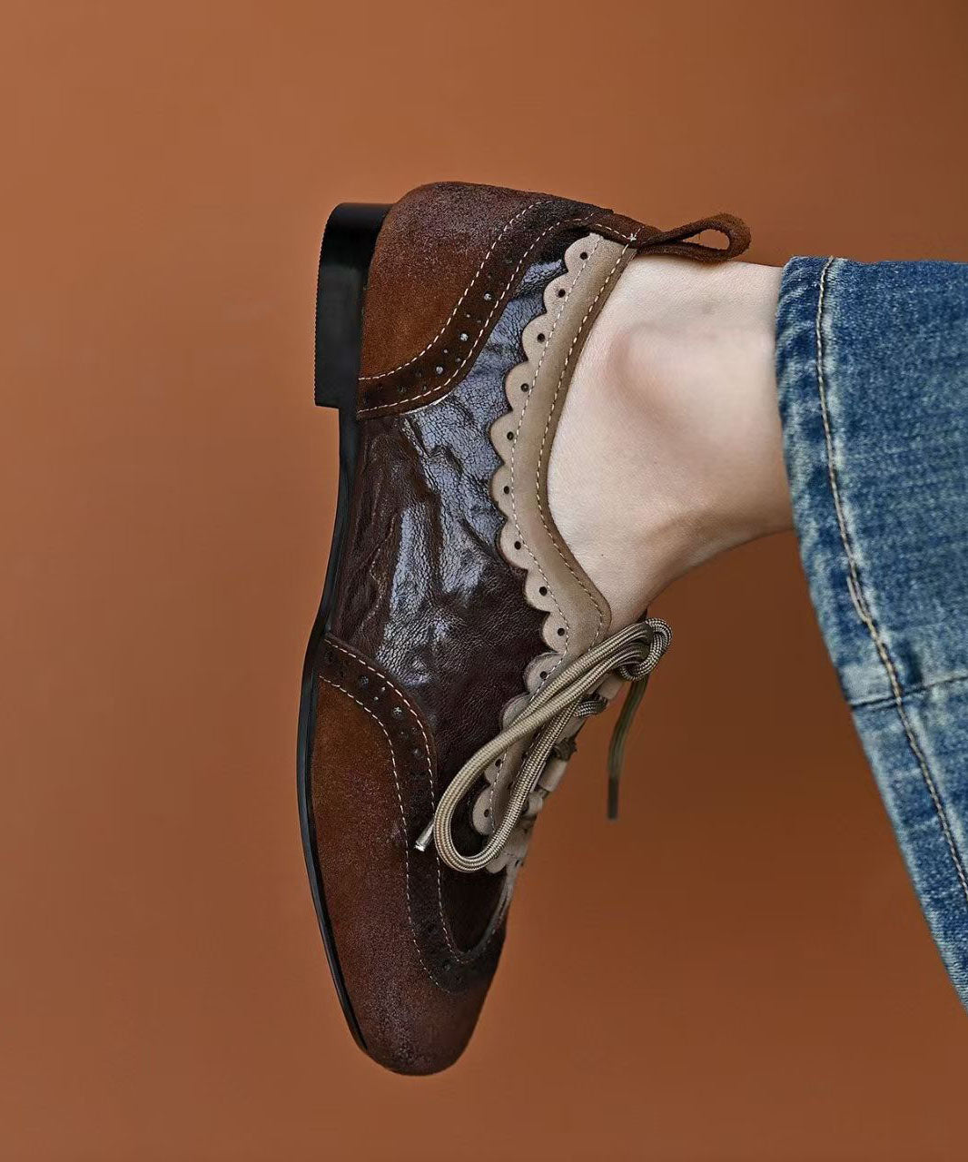 Coffee Sheepskin Splicing Lace Up Loafers For Women