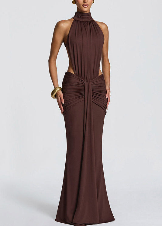 Coffee Tie Lace Backless Solid Long Fish-Tail Dress Sleeveless