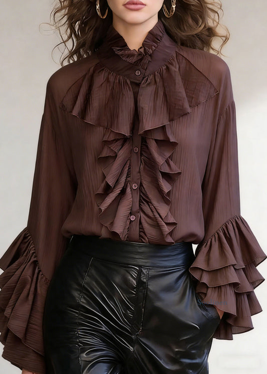 Coffee Wrinkled Button Cotton Shirt Stand Collar Spring