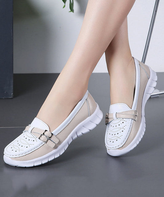 Comfortable Breathable Faux Leather Women Splicing Beige Flat Shoes