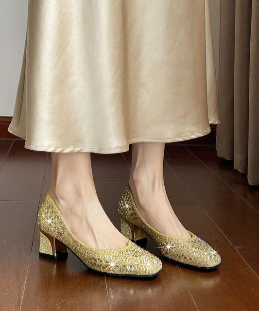 Comfortable Champagne Chunky High Heels Sparkly Faux Leather