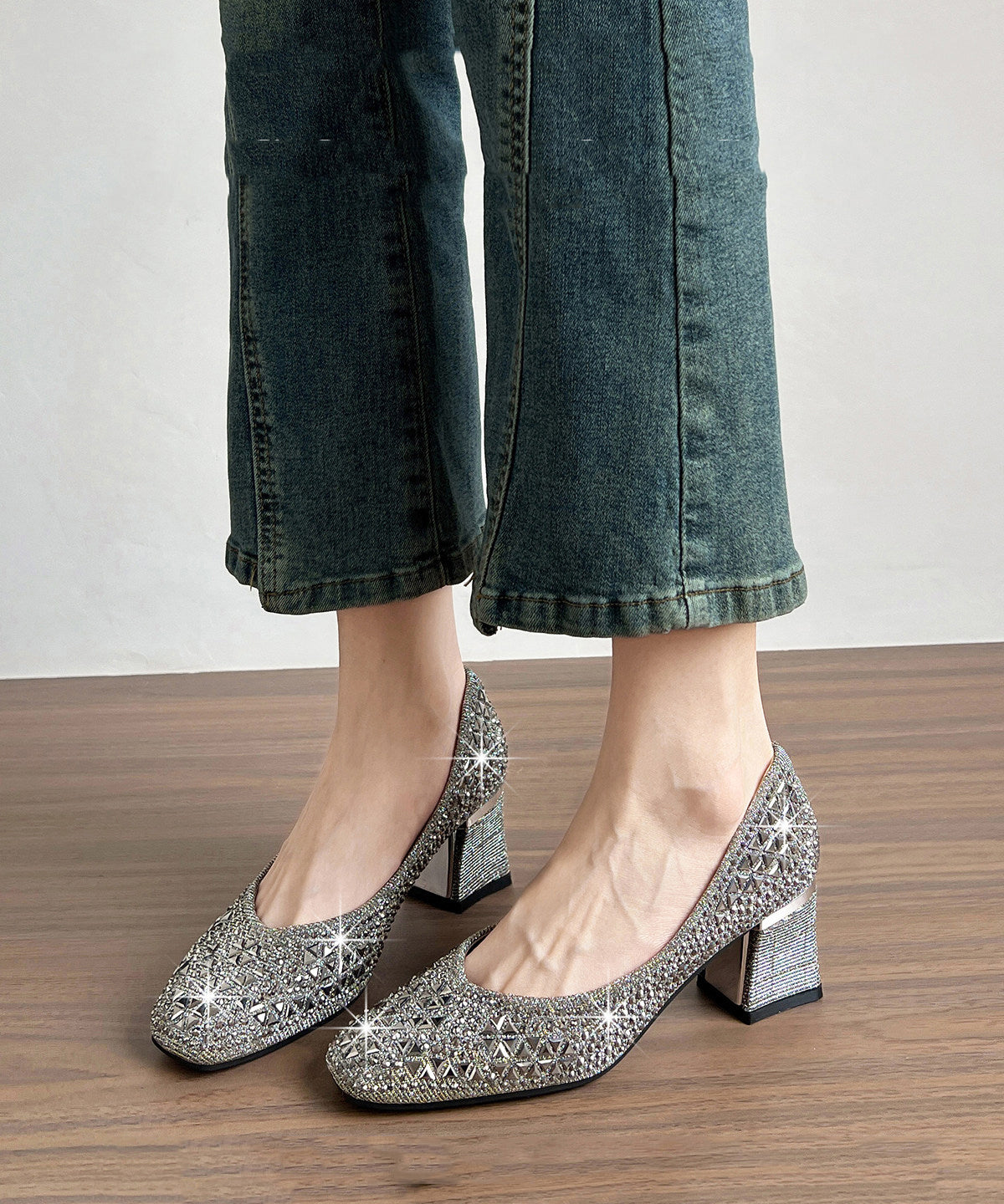 Comfortable Champagne Chunky High Heels Sparkly Faux Leather