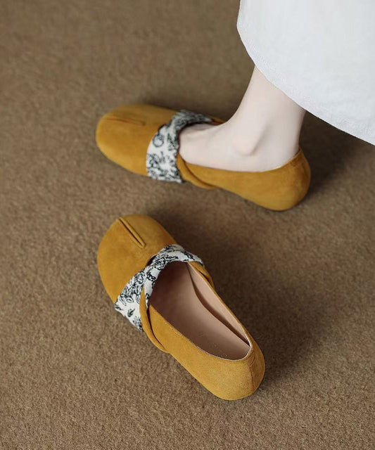 Comfortable Cowhide Leather Yellow Flat Shoes