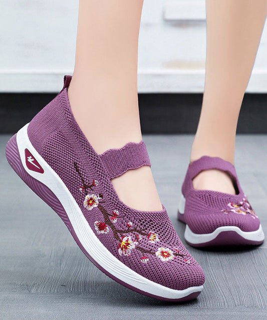 Comfortable Embroidered Flat Shoes Purple Breathable Mesh