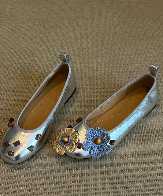 Comfortable Silvery Flat Shoes Asymmetrical Design Flower Flat Shoes For Women