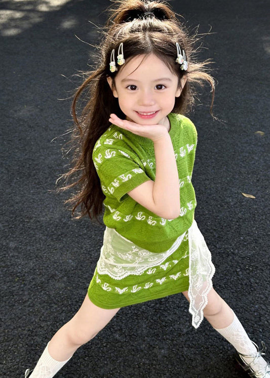 Cool Green Oversized Print Knit Baby Girls Two Pieces Set Summer