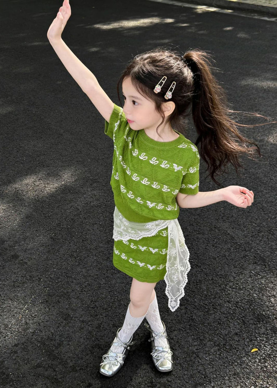 Cool Green Oversized Print Knit Baby Girls Two Pieces Set Summer