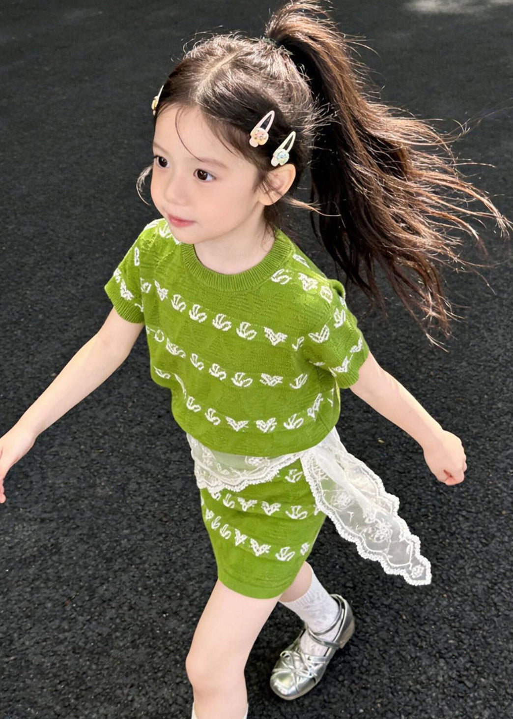Cool Green Oversized Print Knit Baby Girls Two Pieces Set Summer