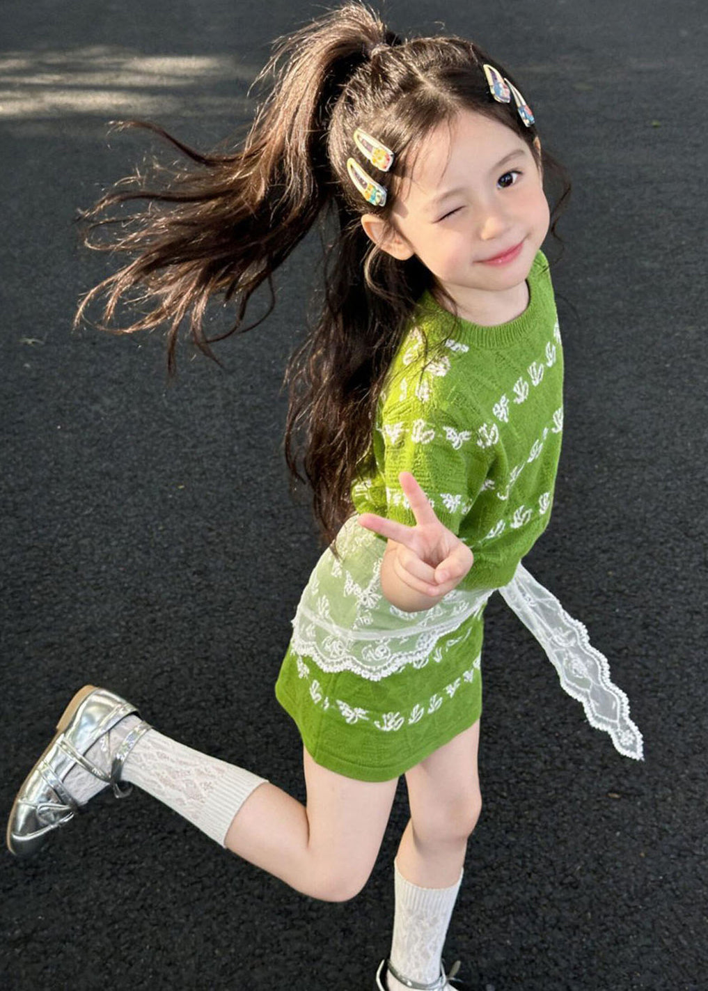 Cool Green Oversized Print Knit Baby Girls Two Pieces Set Summer