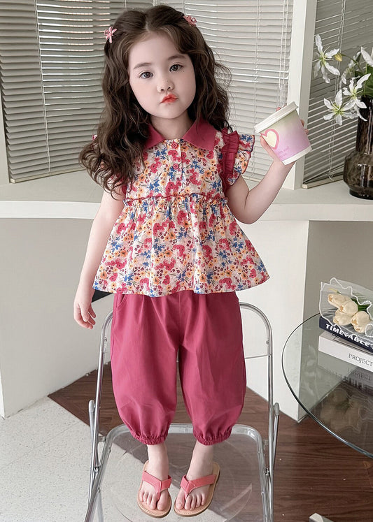 Cool Rose Ruffled Print Cotton Baby Girls Two Pieces Set Summer
