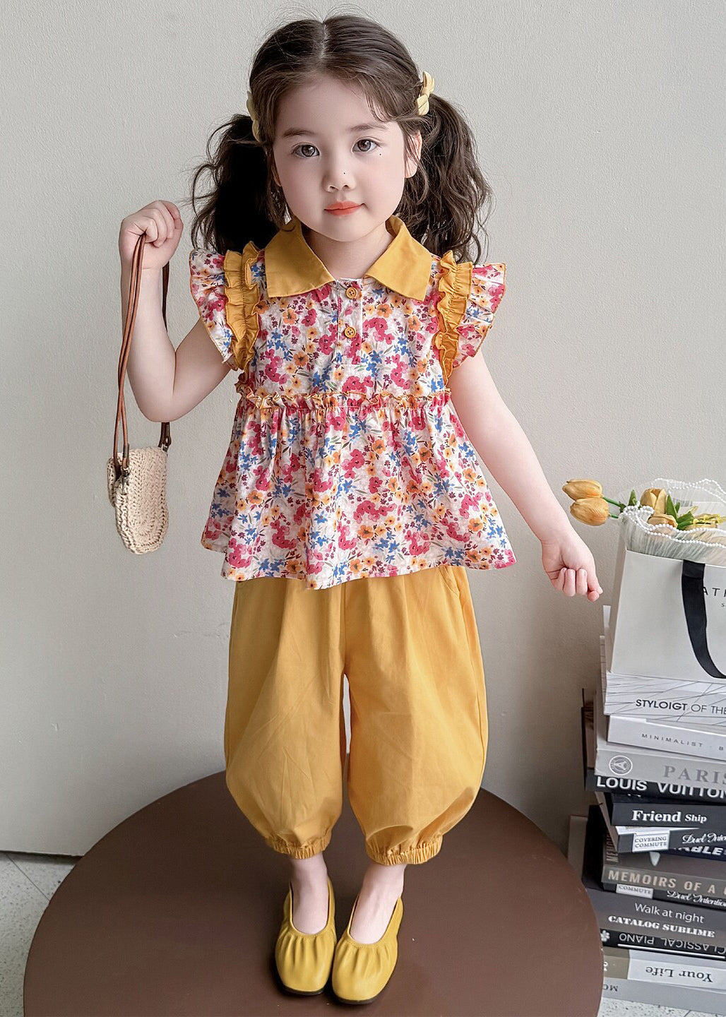 Cool Rose Ruffled Print Cotton Baby Girls Two Pieces Set Summer