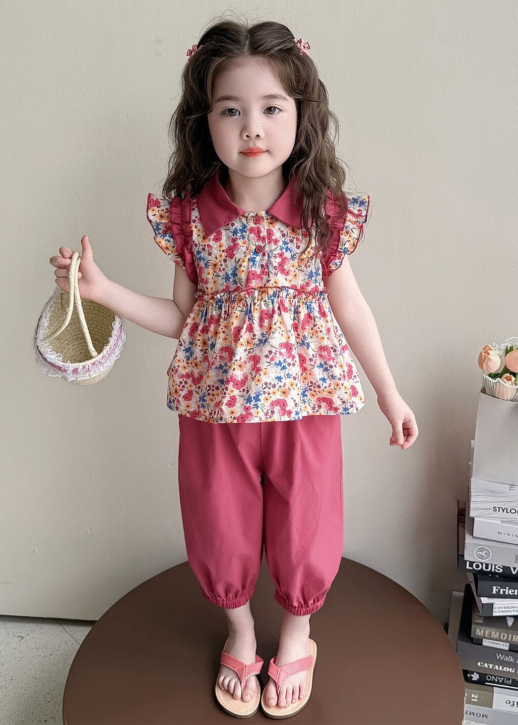 Cool Rose Ruffled Print Cotton Baby Girls Two Pieces Set Summer