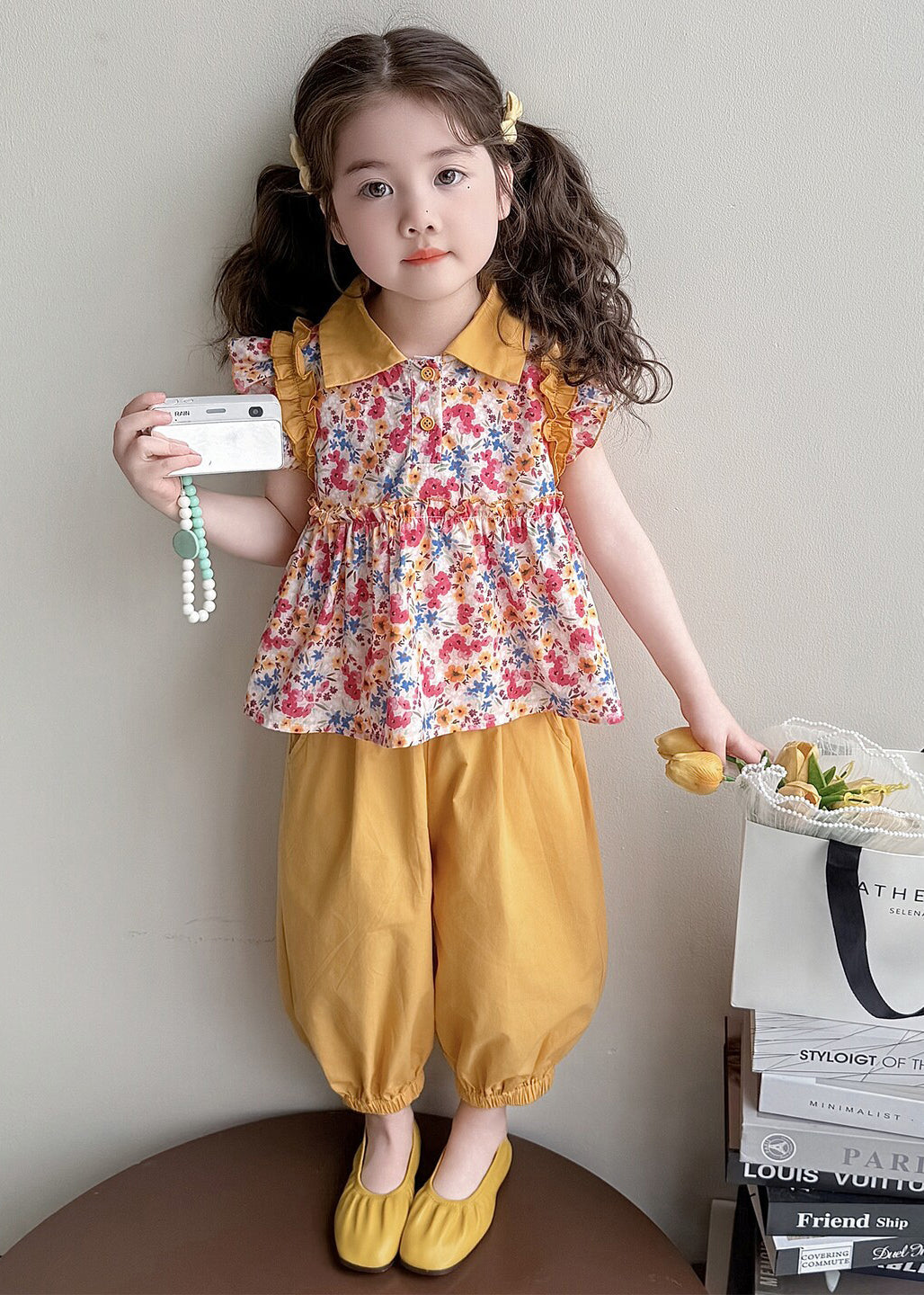 Cool Rose Ruffled Print Cotton Baby Girls Two Pieces Set Summer