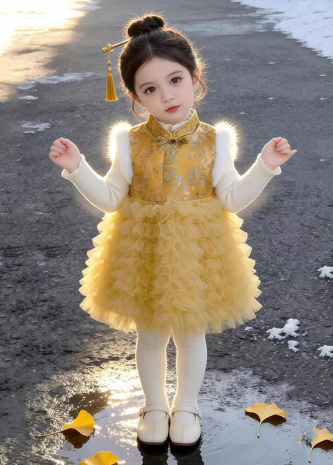 Cool Yellow Stand Collar Tulle Patchwork Kids Long Dress And Sweaters Two Piece Set Fall
