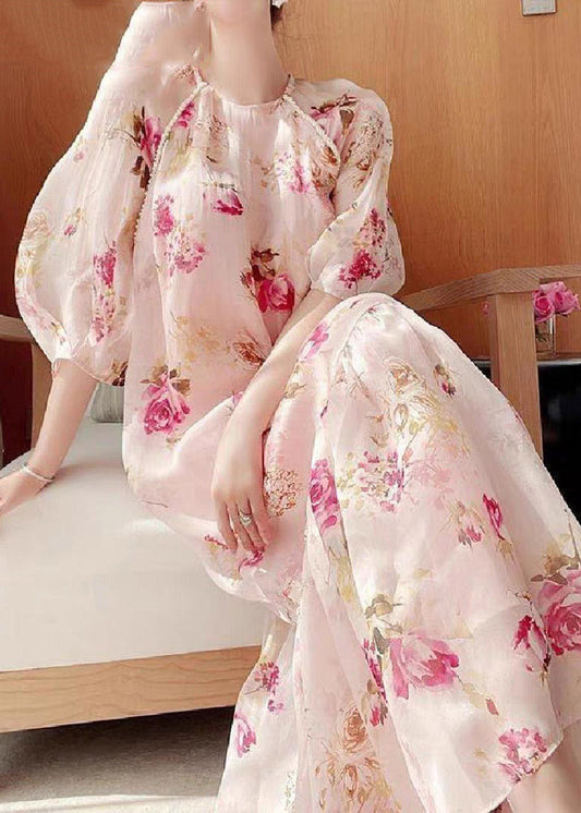 Cut Light Pink O-Neck Print Chiffon Maxi Dress Half Sleeve