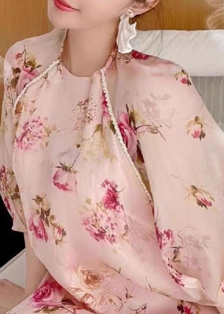 Cut Light Pink O-Neck Print Chiffon Maxi Dress Half Sleeve