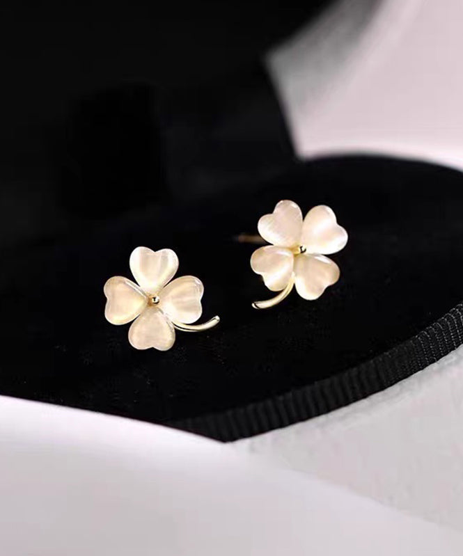 Cute Apricot Alloy Cat's Eye Stone Four-Leaf Clover Stud Earrings